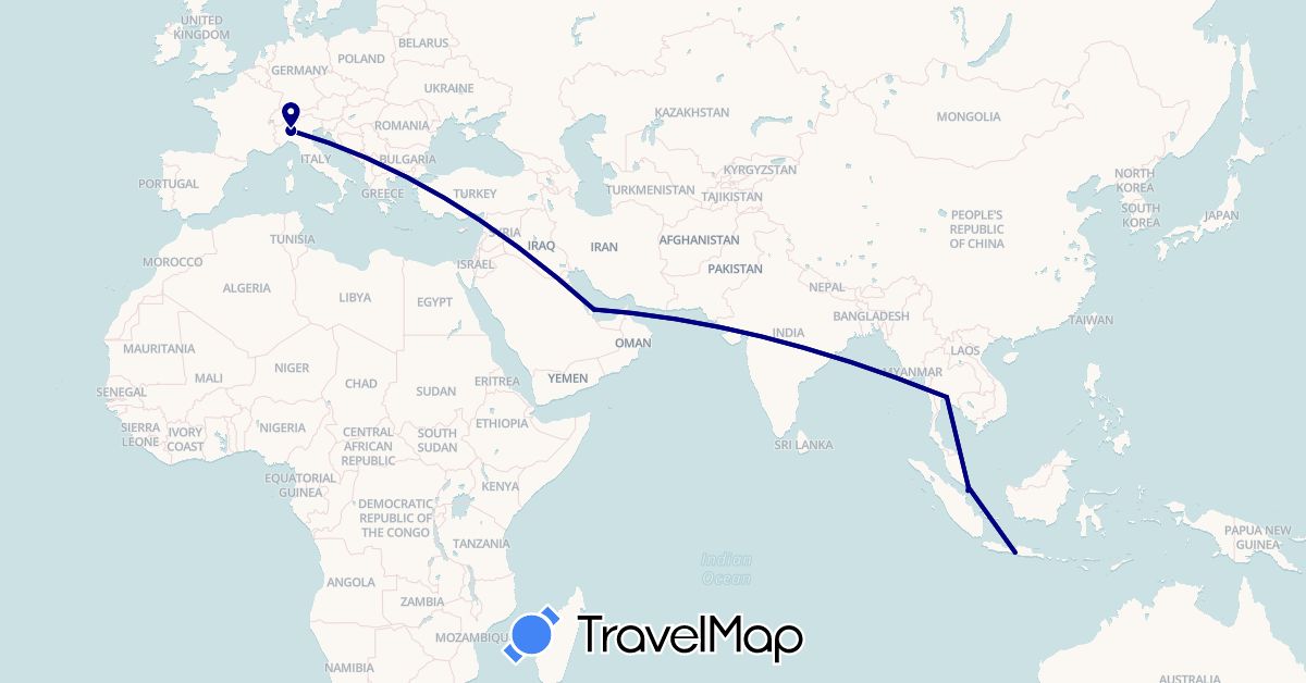 TravelMap itinerary: driving in Indonesia, Italy, Qatar, Singapore, Thailand (Asia, Europe)